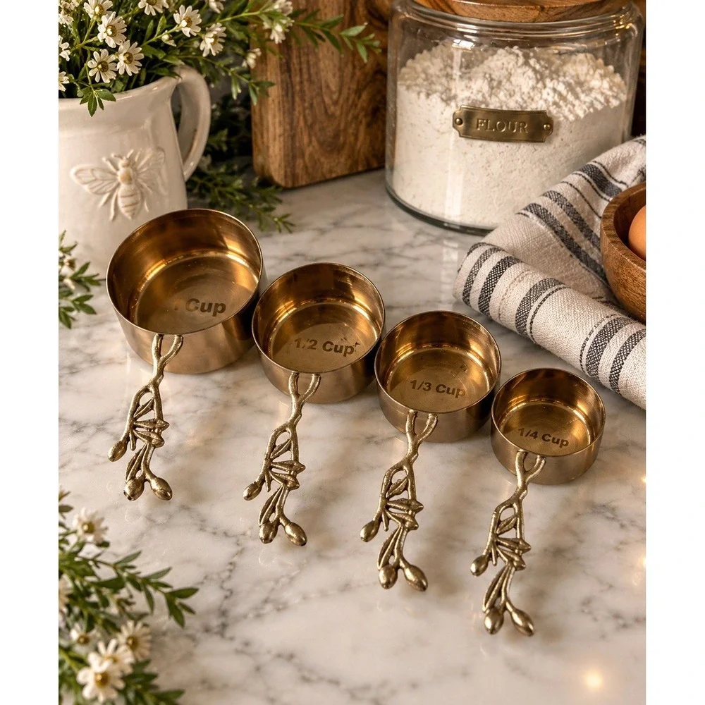 Gold Tone Measuring Cups Set 4 Botanical Twig Branch Handles Heavy Kitchen Decor